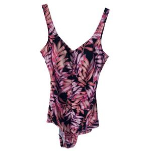 Maxine of Hollywood Pink Tropical Leaf Ruched One Piece Swimsuit Size 18